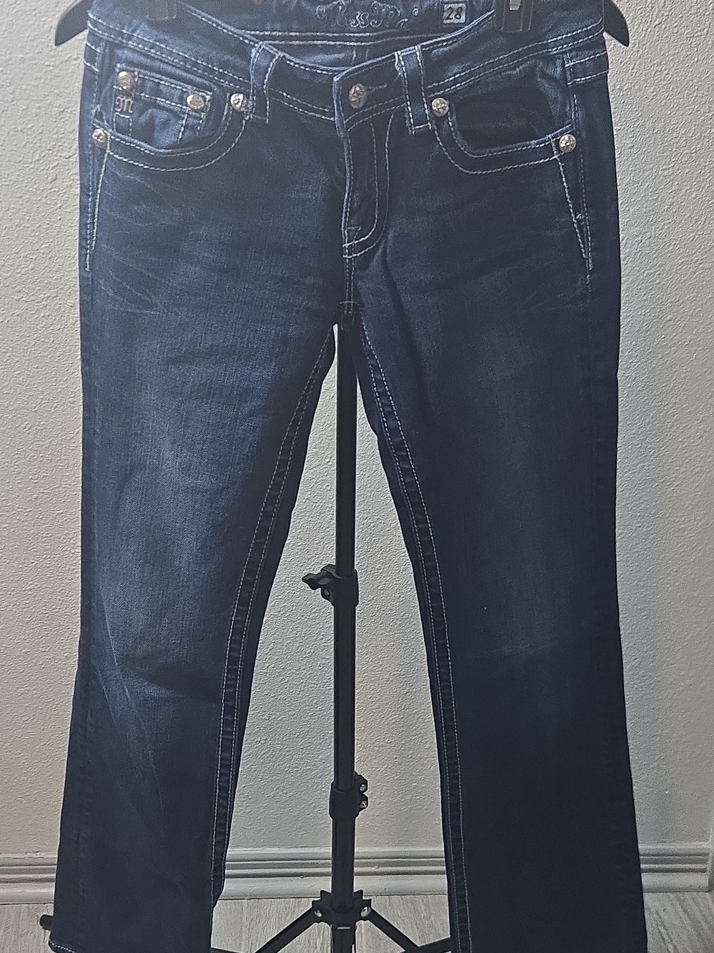 Miss Me Dark Blue Boot Cut Jeans with Contrast Stitching